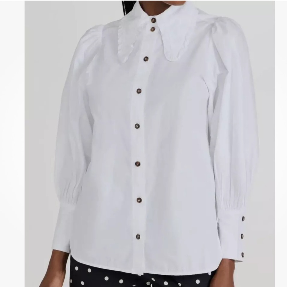 Ganni White Collared Puff Sleeve Blouse Top